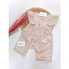 Miniborn Çiçek Desen Dantelli Keten Elbise Tulum Sütlü Kahve - 6-9 Ay