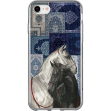TechTree iPhone 6 - 6s Uyumlu Mavi Kilim Desenli Siyah ve Beyaz At Baskılı Silikon Kılıf