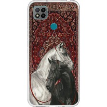 TechTree Redmi 9c / 10A Uyumlu Geleneksel Halı Motifli Siyah Beyaz At Baskılı Silikon Kılıf