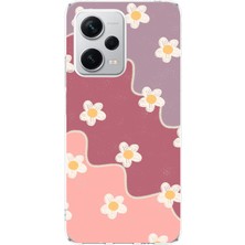 TechTree Redmi Note 12 Pro Plus Uyumlu Gül Kurusu ve Lila Tonlu Dalgalı Papatya Baskılı Silikon Kılıf