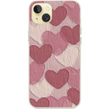 TechTree iPhone 15 Plus Uyumlu Pastel Gül Kurusu ve Pembe Kalpli Baskılı Silikon Kılıf