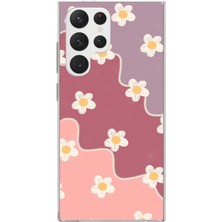 TechTree Samsung Galaxy S22 Ultra Uyumlu Gül Kurusu ve Lila Tonlu Dalgalı Papatya Baskılı Silikon Kılıf