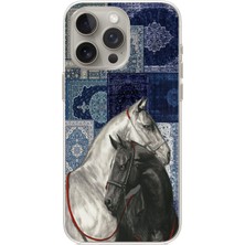 TechTree iPhone 15 Pro Uyumlu Mavi Kilim Desenli Siyah ve Beyaz At Baskılı Silikon Kılıf