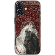 TechTree iPhone 17 Uyumlu Geleneksel Halı Motifli Siyah Beyaz At Baskılı Silikon Kılıf