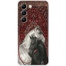 TechTree Vivo V30 Lite Uyumlu Geleneksel Halı Motifli Siyah Beyaz At Baskılı Silikon Kılıf