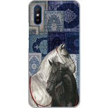 TechTree Redmi 9A Uyumlu Mavi Kilim Desenli Siyah ve Beyaz At Baskılı Silikon Kılıf