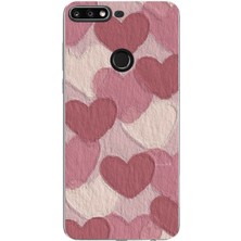 TechTree Huawei Y7 2018 - Honor 7c Uyumlu Pastel Gül Kurusu ve Pembe Kalpli Baskılı Silikon Kılıf