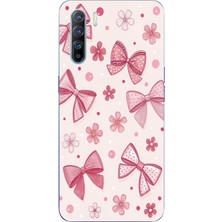 TechTree Oppo Reno 3-A91 Uyumlu Pembe Fiyonk, Çiçek ve Puantiye Baskılı Silikon Kılıf