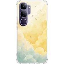 TechTree Vivo V40 Lite Uyumlu Sarı ve Yeşil Tonlu Bulut ve Kuşlar Baskılı Silikon Kılıf