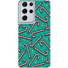 TechTree Samsung Galaxy S21 Ultra Uyumlu Yılbaşı Ruhu Baston Şeker ve Kar Taneli Baskılı Silikon Kılıf