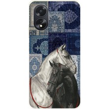 TechTree Oppo A38 Uyumlu Mavi Kilim Desenli Siyah ve Beyaz At Baskılı Silikon Kılıf