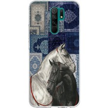 TechTree Redmi 9 Uyumlu Mavi Kilim Desenli Siyah ve Beyaz At Baskılı Silikon Kılıf