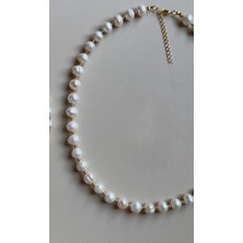 Taşmir 7-8 mm Sertifikalı Gerçek Doğal Inci Kolye Bileklik Set Araları Altın Kaplama Detaylı