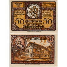 Banknoting Almanya 50 Pfennig 1920 Notgeld-Fallersleben Kasabası. Çil.