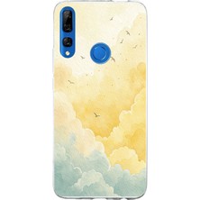 TechTree Honor 9x Uyumlu Sarı ve Yeşil Tonlu Bulut ve Kuşlar Baskılı Silikon Kılıf
