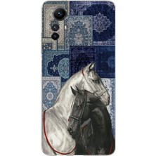 TechTree Redmi Note 12S Uyumlu Mavi Kilim Desenli Siyah ve Beyaz At Baskılı Silikon Kılıf