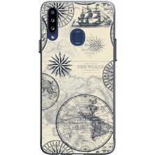 TechTree Samsung Galaxy A20S Uyumlu Vintage Dünya Haritası ve Pusula Baskılı Silikon Kılıf