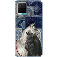 TechTree Vivo Y21S Uyumlu Mavi Kilim Desenli Siyah ve Beyaz At Baskılı Silikon Kılıf