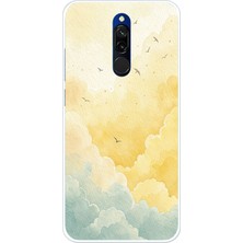 TechTree Redmi 8 Uyumlu Sarı ve Yeşil Tonlu Bulut ve Kuşlar Baskılı Silikon Kılıf