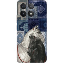 TechTree Poco F6 Pro Uyumlu Mavi Kilim Desenli Siyah ve Beyaz At Baskılı Silikon Kılıf