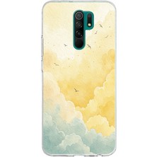 TechTree Redmi 9 Uyumlu Sarı ve Yeşil Tonlu Bulut ve Kuşlar Baskılı Silikon Kılıf