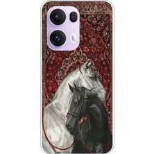 TechTree Oppo Reno 13 Pro Uyumlu Geleneksel Halı Motifli Siyah Beyaz At Baskılı Silikon Kılıf