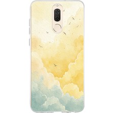 TechTree Huawei Mate 10 Lite Uyumlu Sarı ve Yeşil Tonlu Bulut ve Kuşlar Baskılı Silikon Kılıf