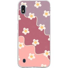 TechTree Samsung Galaxy A10 Uyumlu Gül Kurusu ve Lila Tonlu Dalgalı Papatya Baskılı Silikon Kılıf