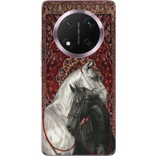 TechTree Honor Magic 7 Lite Uyumlu Geleneksel Halı Motifli Siyah Beyaz At Baskılı Silikon Kılıf