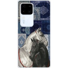 TechTree Vivo V30 Uyumlu Mavi Kilim Desenli Siyah ve Beyaz At Baskılı Silikon Kılıf