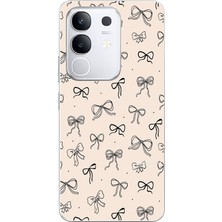 TechTree Vivo Y29 Uyumlu Siyah Fiyonk Desenli Krem Rengi Baskılı Silikon Kılıf