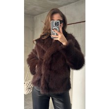 Asfa Moda Acı Kahve Şal Yaka Jakarlı Çıt Çıtlı Cepli Geniş Kalıp Lolita Kürk