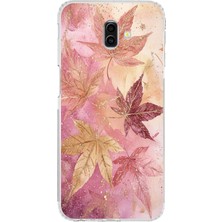 TechTree Samsung Galaxy J6 Plus Uyumlu Pembe ve Bordo Tonlu Yaprak Baskılı Silikon Kılıf