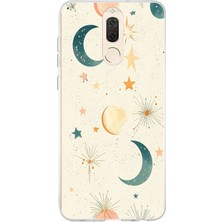 TechTree Huawei Mate 10 Lite Uyumlu Krem Zeminli Ay ve Yıldız Baskılı Silikon Kılıf