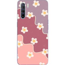 TechTree Oppo Reno 3-A91 Uyumlu Gül Kurusu ve Lila Tonlu Dalgalı Papatya Baskılı Silikon Kılıf
