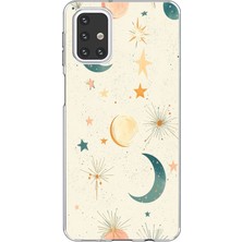 TechTree Samsung Galaxy M31S Uyumlu Krem Zeminli Ay ve Yıldız Baskılı Silikon Kılıf