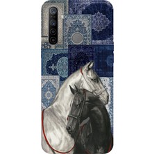 TechTree Realme 5i - 6i - C3 Uyumlu Mavi Kilim Desenli Siyah ve Beyaz At Baskılı Silikon Kılıf