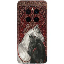 TechTree Honor Magic 7 Pro Uyumlu Geleneksel Halı Motifli Siyah Beyaz At Baskılı Silikon Kılıf