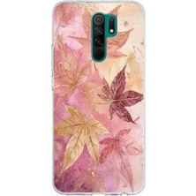 TechTree Redmi 9 Uyumlu Pembe ve Bordo Tonlu Yaprak Baskılı Silikon Kılıf