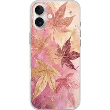 TechTree iPhone 16 Plus Uyumlu Pembe ve Bordo Tonlu Yaprak Baskılı Silikon Kılıf