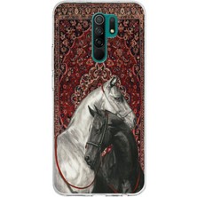 TechTree Redmi 9 Uyumlu Geleneksel Halı Motifli Siyah Beyaz At Baskılı Silikon Kılıf