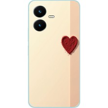 TechTree Vivo Y22 Uyumlu Krem Zeminli Kırmızı Kalp Baskılı Silikon Kılıf