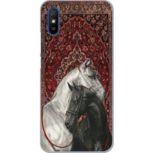 TechTree Redmi 9A Uyumlu Geleneksel Halı Motifli Siyah Beyaz At Baskılı Silikon Kılıf