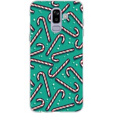 TechTree Samsung Galaxy J8-A6 Plus Uyumlu Yılbaşı Ruhu Baston Şeker ve Kar Taneli Baskılı Silikon Kılıf