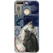 TechTree Huawei Y6 2018 - Honor 7A Uyumlu Mavi Kilim Desenli Siyah ve Beyaz At Baskılı Silikon Kılıf