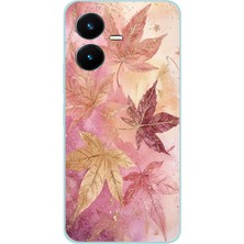 TechTree Vivo Y22 Uyumlu Pembe ve Bordo Tonlu Yaprak Baskılı Silikon Kılıf