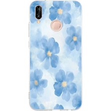 TechTree Huawei P20 Lite Uyumlu Mavi Çiçekler Baskılı Silikon Kılıf