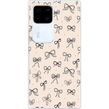 TechTree Vivo V30 Uyumlu Siyah Fiyonk Desenli Krem Rengi Baskılı Silikon Kılıf