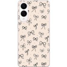 TechTree Samsung Galaxy S25 Edge Uyumlu Siyah Fiyonk Desenli Krem Rengi Baskılı Silikon Kılıf