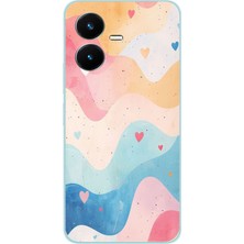 TechTree Vivo Y22 Uyumlu Pastel Renkli Dalgalı ve Kalp Baskılı Silikon Kılıf